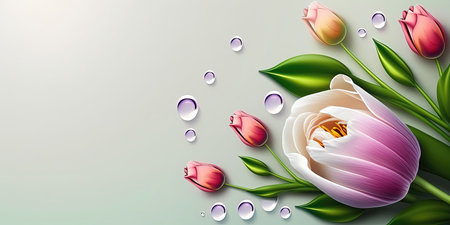 Realistic Nature Illustration of a Tulip Flower Bloom and Green Leafの素材