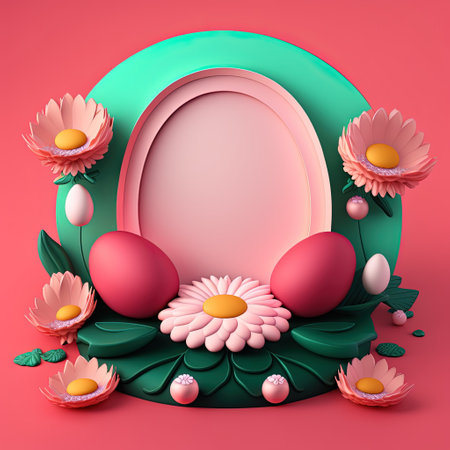 3D Pink Podium with Shiny Eggs and Flower Decoration for Product Display Easter Celebrationの素材