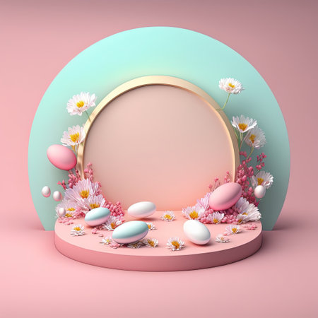 3D Pink Illustration Podium Decorated with Eggs and Flowers for Product Display Easter Dayの素材