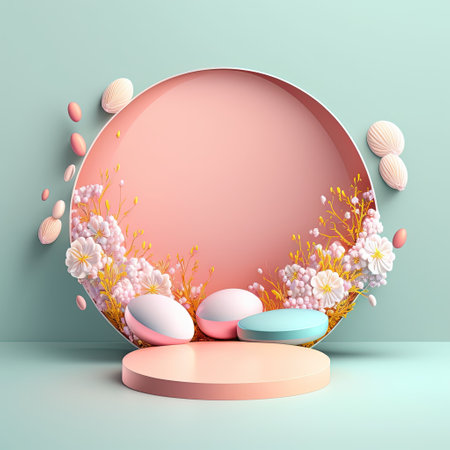 Pink Podium Decorated with Eggs and Flowers for Product Display Easter Dayの素材