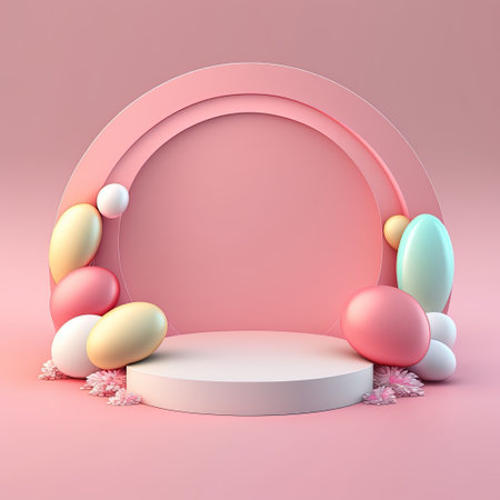 3D Pink Illustration Podium with Shiny Eggs and Flower Decoration for Product Presentation Easter Celebrationの素材