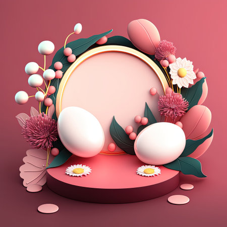 Pink Podium with Shiny Eggs and Flower Decoration for Easter Celebrationの素材