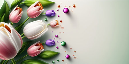 Realistic Nature Illustration of a Tulip Flower Blooming and Leavesの素材