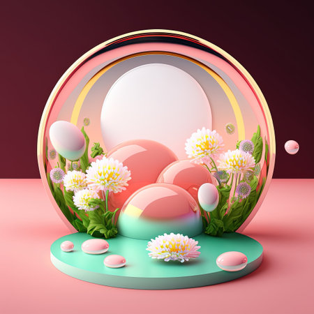 3D Pink Podium Decorated with Eggs and Flowers for Product Presentation Easter Dayの素材