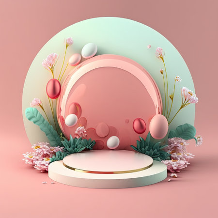 3D Pink Podium Decorated with Eggs and Flowers for Product Presentation Easter Dayの素材
