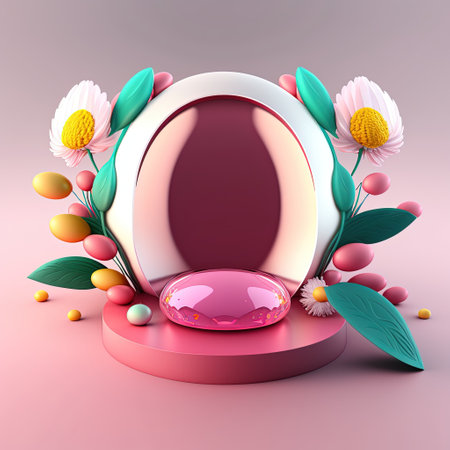 Pink Podium with Eggs and Flower Decoration for Product Presentation Easter Celebrationの素材