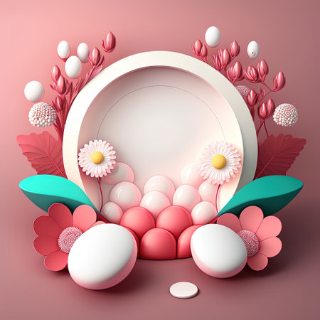 3D Pink Illustration Podium Decorated with Eggs and Flowers for Easter Holidayの素材