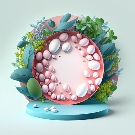 3D Illustration of a Podium with Easter Eggs, Flowers, and Greenery Ornamentsの素材