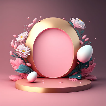 3D Pink Illustration Podium with Eggs and Flower Decoration for Product Display Easter Celebrationの素材