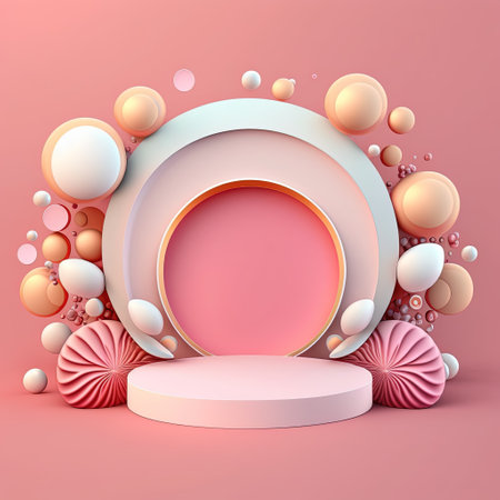 3D Pink Illustration Podium Decorated with Eggs and Flowers for Easter Dayの素材