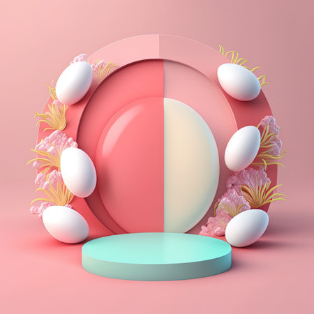 Pink Podium Decorated with Glossy Eggs and Flowers for Product Stand Easter Dayの素材