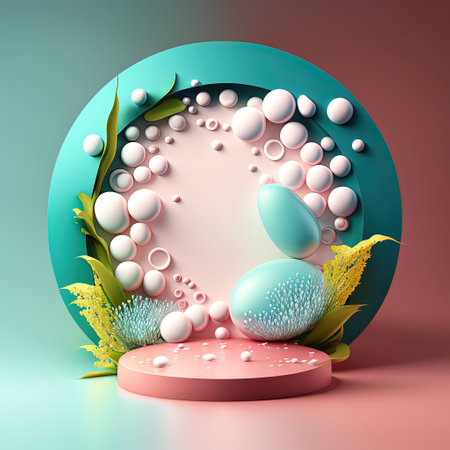 Illustration of a Podium with Eggs, Flowers, and Leaves Ornaments for Product Displayの素材