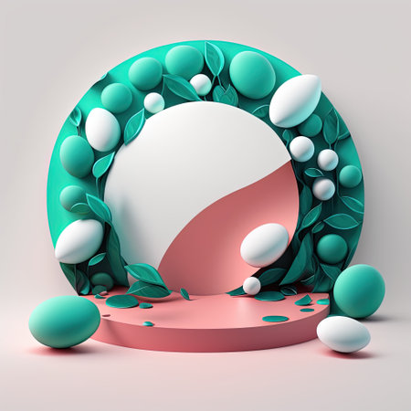 3D Illustration of a Podium with Easter Eggs, Flowers, and Leaves Ornaments for Product Displayの素材