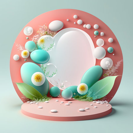 Digital 3D Illustration of a Podium with Easter Eggs, Flowers, and Greenery Decoration for Easter Celebrationの素材