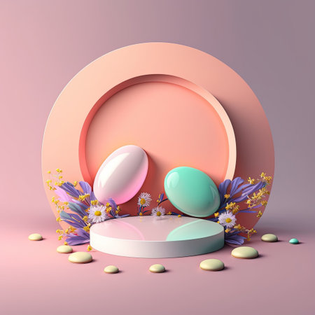Pink Podium with Eggs and Flower Decoration for Product Presentation Easter Celebrationの素材