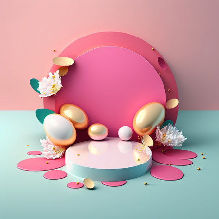 Pink Podium Decorated with Eggs and Flowers for Product Stand Easter Holidayの素材