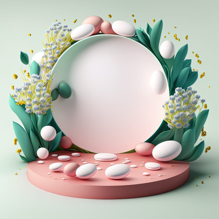 Digital 3D Illustration of a Podium with Eggs, Flowers, and Foliage Ornamentsの素材