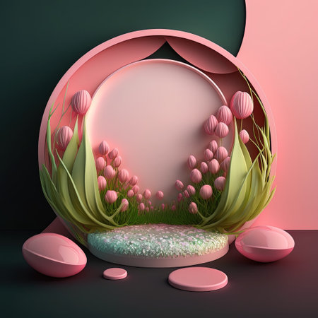 3D Illustration of a Podium with Easter Eggs, Flowers, and Leaves Ornaments for Product Displayの素材