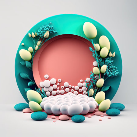 Digital 3D Illustration of a Podium with Easter Eggs, Flowers, and Greenery Decorationの素材