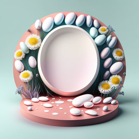 3D Illustration of a Podium with Easter Eggs, Flowers, and Greenery Ornaments for Product Displayの素材