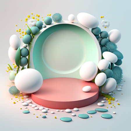 Illustration of a Podium with Eggs, Flowers, and Leaves Decoration for Easter Celebrationの素材
