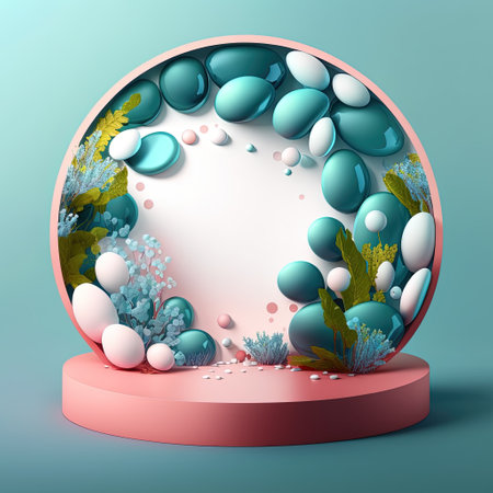 Illustration of a Podium with Easter Eggs, Flowers, and Leaves Decoration for Easter Celebrationの素材