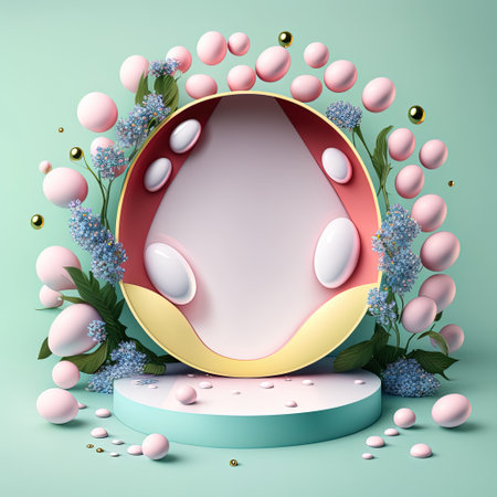 3D Illustration of a Podium with Eggs, Flowers, and Leaves Decorationの素材