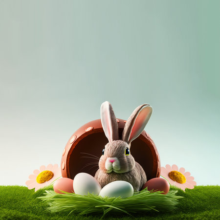 bunny and decorative eggs on green lawn and flowers for easter celebration background greeting cardの素材