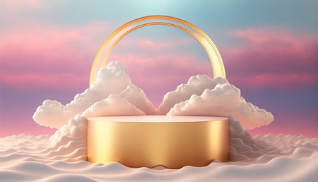 gold podium product showcase stage or stand background platform above sky with clouds aroundの素材