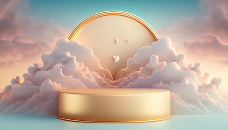 gold podium product advertising stage or scene background platform above sky with clouds aroundの素材