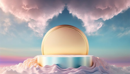 luxury gold podium product advertising stage or scene background platform above sky with clouds aroundの素材
