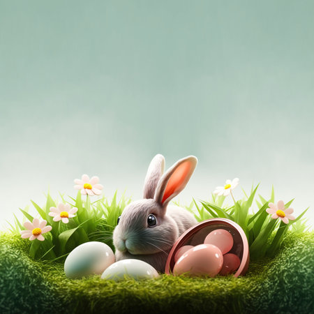 cute bunny and decorative eggs on green grass and flowers for easter celebration background greeting cardの素材