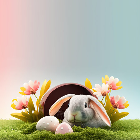 bunny and decorative eggs on green grass and flowers for easter celebration background cardの素材