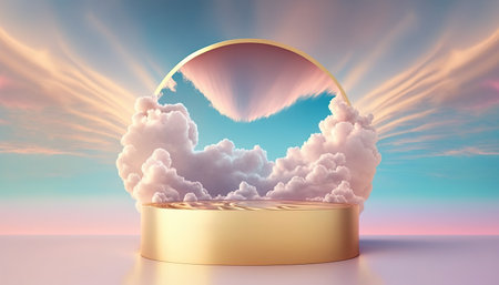 gold podium product display stage or stand background platform promotion with clouds around itの素材