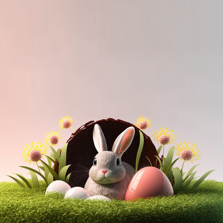 bunny and decorative eggs on green grass and flowers for easter celebration background card with copy spaceの素材