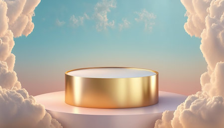 golden podium product advertising stage or stand background platform promotion above sky with clouds aroundの素材