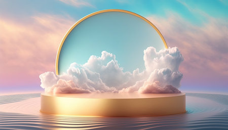 luxury golden podium product display stage or stand background platform surrounded by cloudsの素材