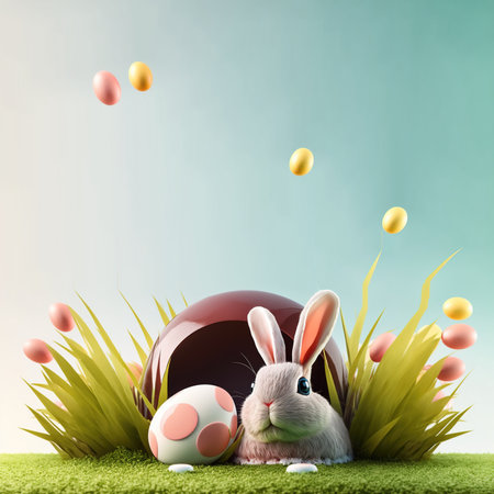 bunny and decorative eggs on green grass and flowers for easter holiday celebration background card with empty spaceの素材
