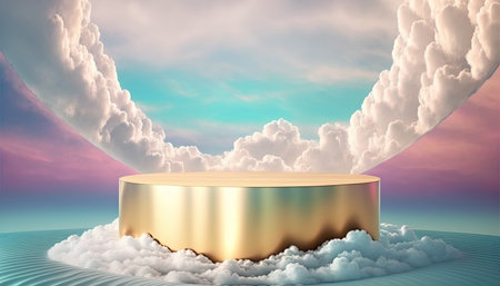 golden podium product showcase stage background platform surrounded by cloudsの素材