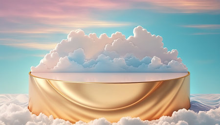 luxury gold podium product advertising stage background platform above sky with clouds aroundの素材