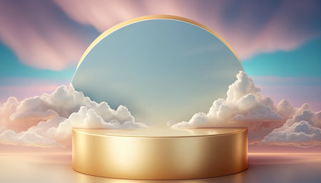 gold podium product display stage background platform promotion above sky with clouds aroundの素材
