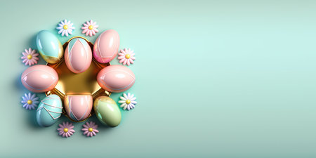 Glossy 3d decorative easter eggs holiday background and banner with small flower ornament and empty spaceの素材