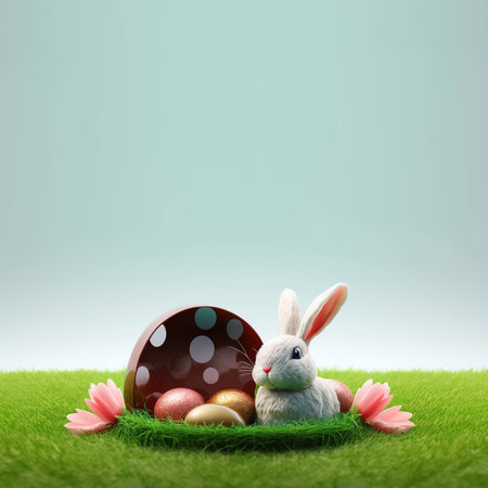 cute bunny and decorative eggs on green lawn and flowers for easter holiday celebration background greeting cardの素材