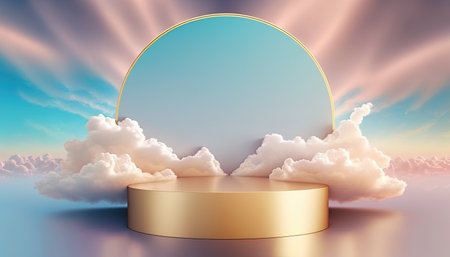luxury gold podium product showcase stage or stand background platform above sky with clouds aroundの素材
