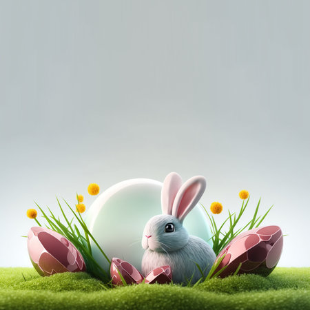 bunny and decorative eggs on green grass and flowers for easter holiday celebration background greeting card with empty spaceの素材