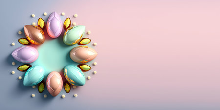 Shiny 3d easter eggs background and banner with flower ornament and copy spaceの素材