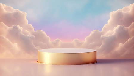 golden podium product display stage or scene background platform promotion surrounded by cloudsの素材