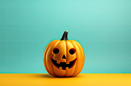 Halloween pumpkin on yellow and blue background. 3D illustration.の素材