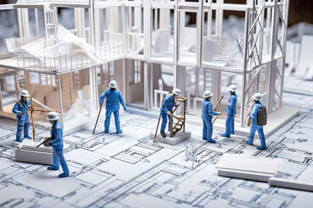 Architecture and construction concept. Architectural project. Engineer working on blueprint.の素材