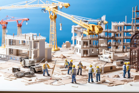 Miniature model of the construction site with cranes and workers.の素材